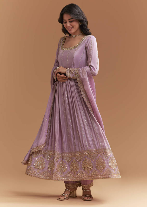 Lavender Tissue Anarkali Suit With Sequins And Beads Work