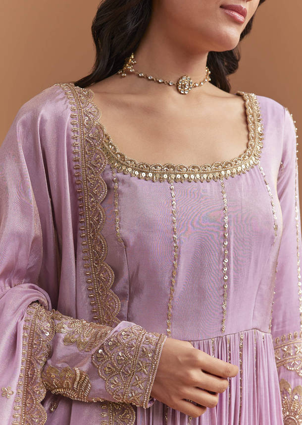 Lavender Tissue Anarkali Suit With Sequins And Beads Work