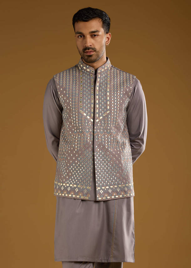 Lilac Rayon Kurta Jacket Set For Men With Resham And Gota Work