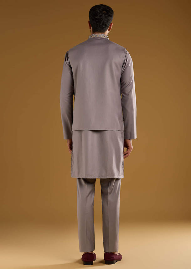 Lilac Rayon Kurta Jacket Set For Men With Resham And Gota Work
