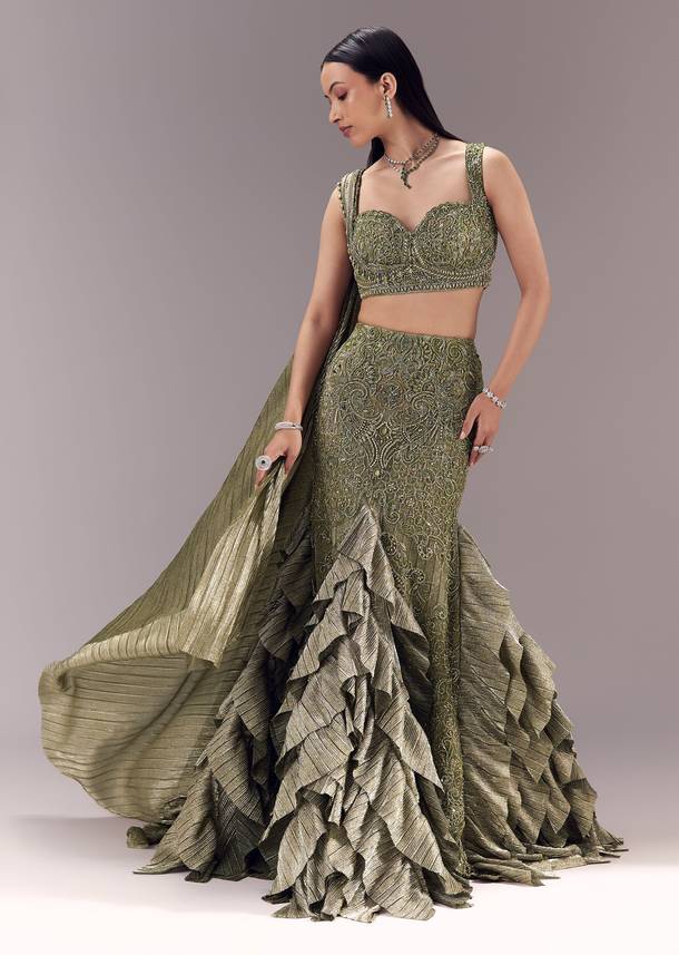 Mehendi Green Draped Blouse with Frill Skirt
