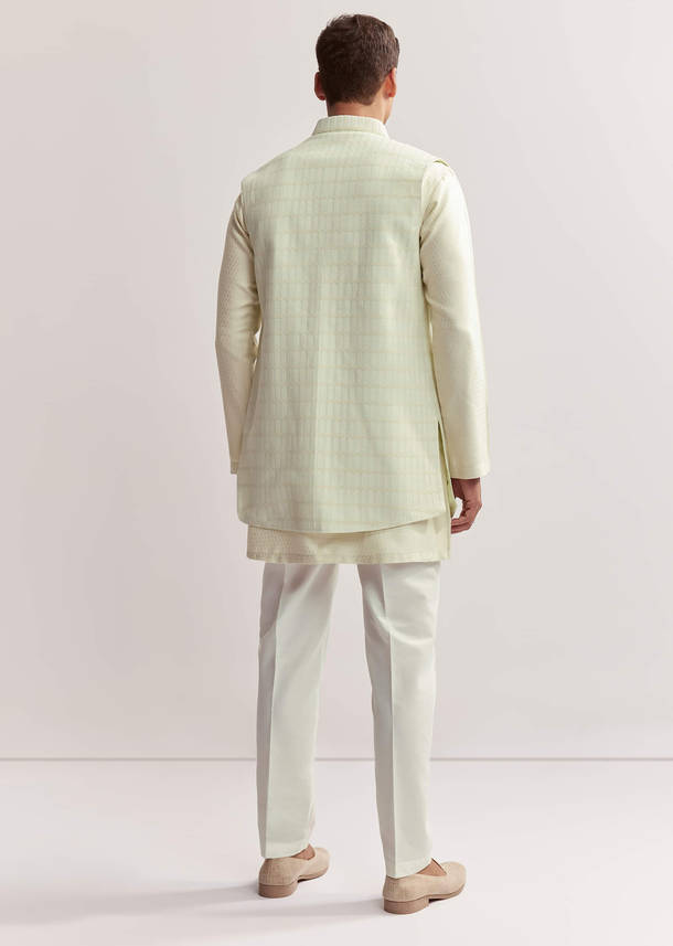 Mint Green Silk Kurta Jacket Set For Men With Cutdana Motif