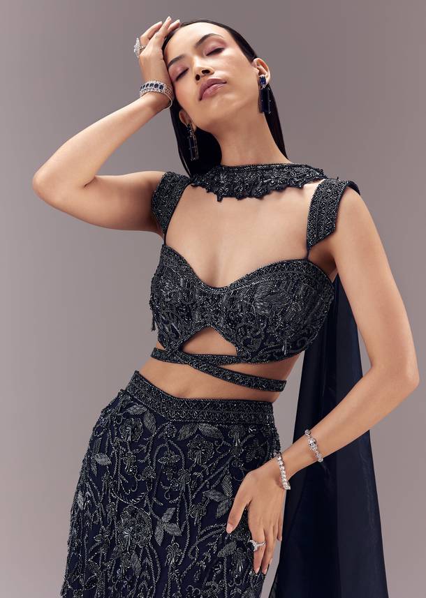 Navy Blue Embellished Fishcut Lehenga Set with Choker Dupatta