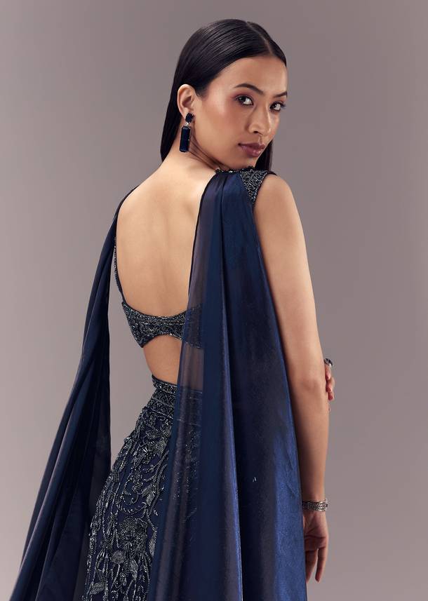 Navy Blue Embellished Fishcut Lehenga Set with Choker Dupatta