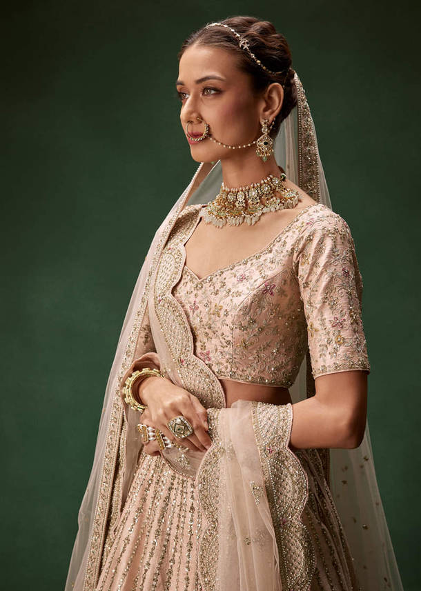 Pastel Pink Bridal Lehenga With Fully Embroidered Blouse And Layered Dupattas
