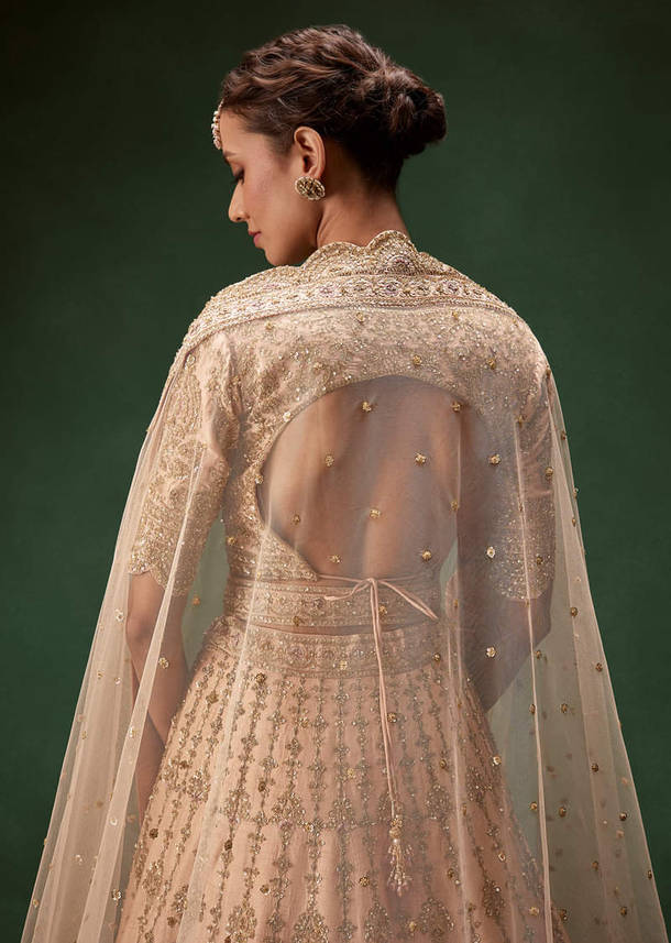 Peach Bridal Lehenga With Regal Embroidery And Single Dupatta Drape