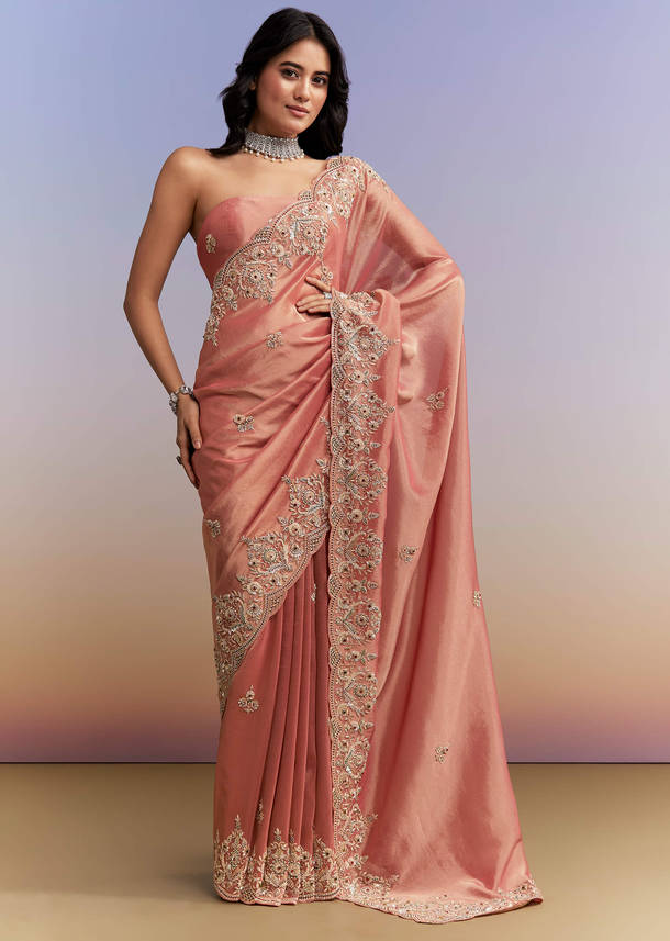 Peach Tissue Silk Saree With Heavy Hand Embroidery