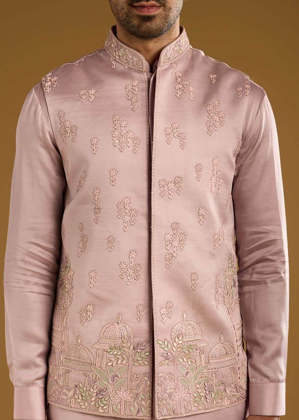 Pink Kurta Jacket Set For Men With Thread Work