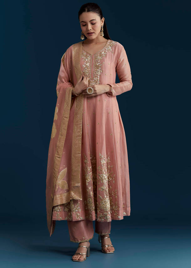 Pink Tissue Anarkali Set with Zardozi Work