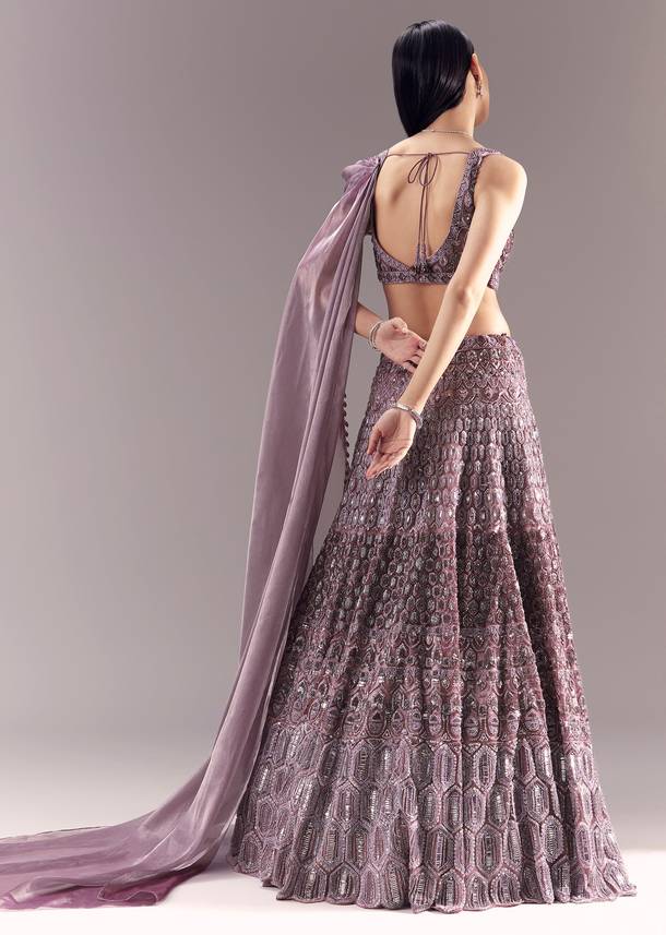 Purple Draped Blouse with Embellished Lehenga