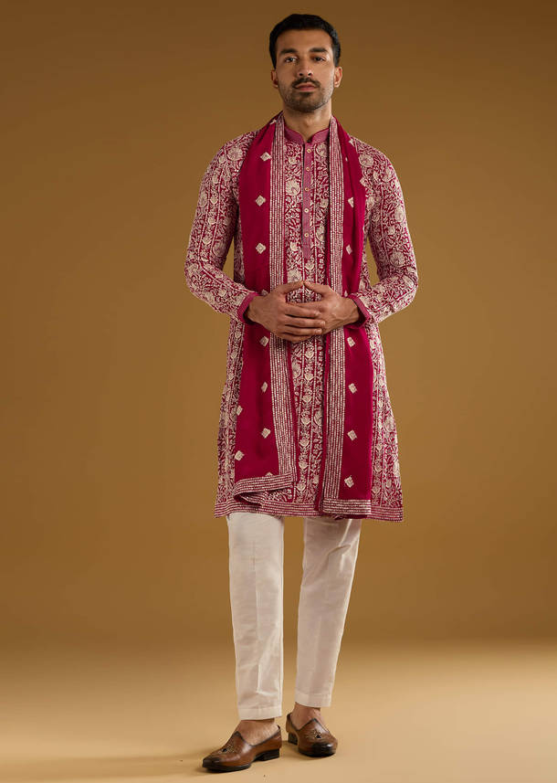 Red Silk Kurta Set For Men With Resham Embroidery