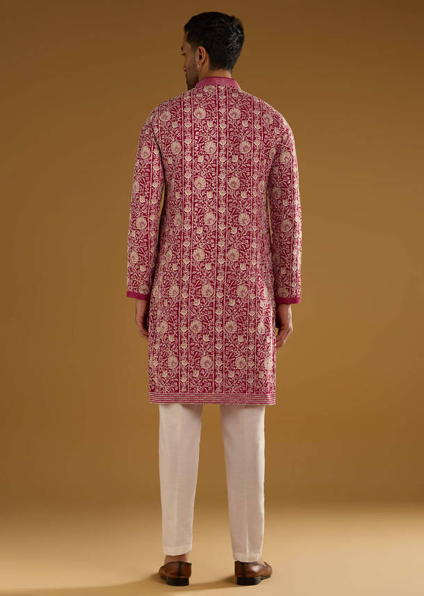 Red Silk Kurta Set For Men With Resham Embroidery