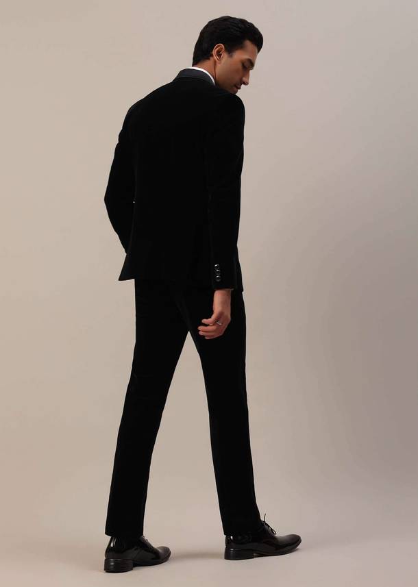 Black Micro Velvet Tuxedo Set With Cut Work Detailing