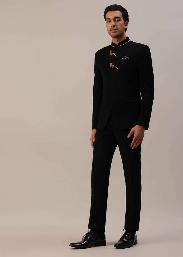 Black Indowestern In Suiting Fabric With Detailed Threadwork