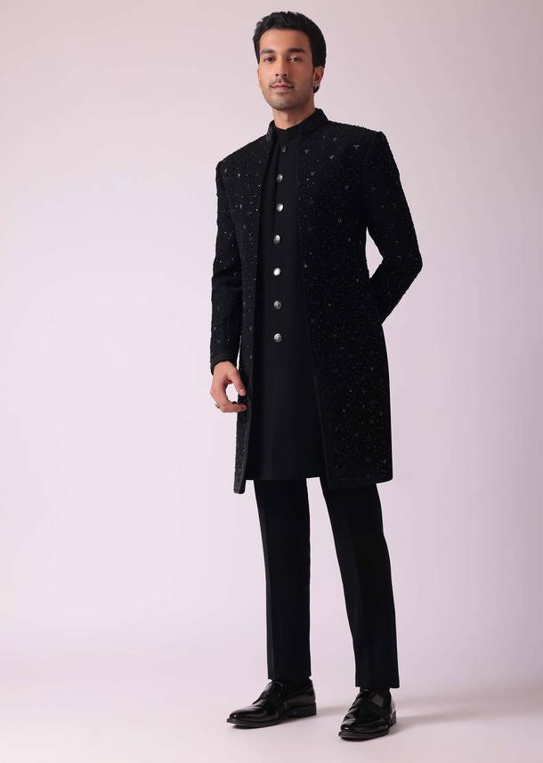 Black Patterned Indowestern Set In Suiting Fabric
