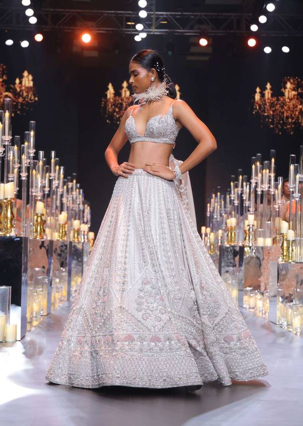 Beige Silk Lehenga Set With Zardozi Work And Cutdana Embroidery