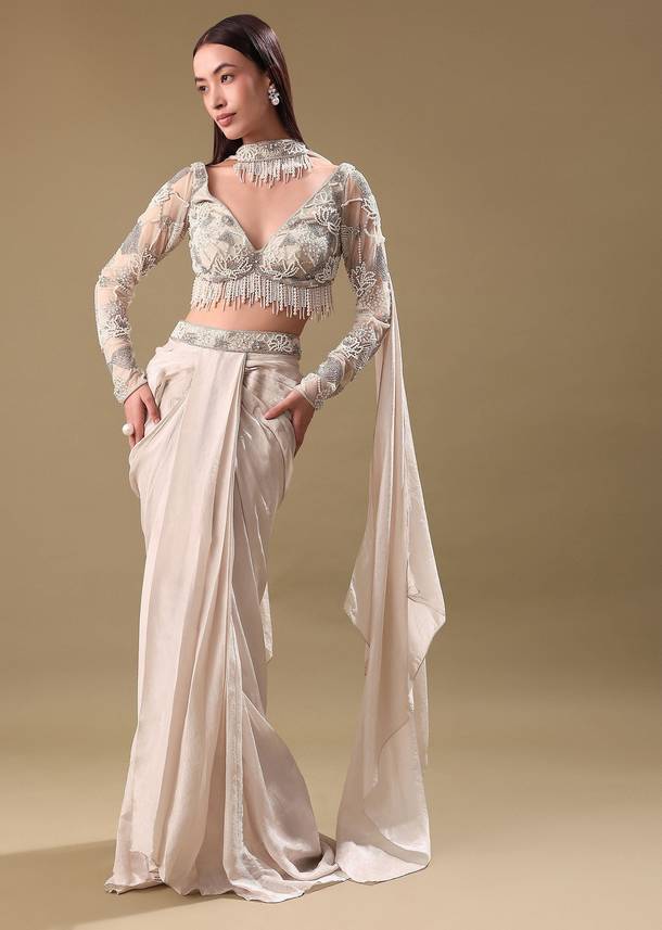 Ivory Pre Drape Tissue Skirt With Full Sleeve Blouse