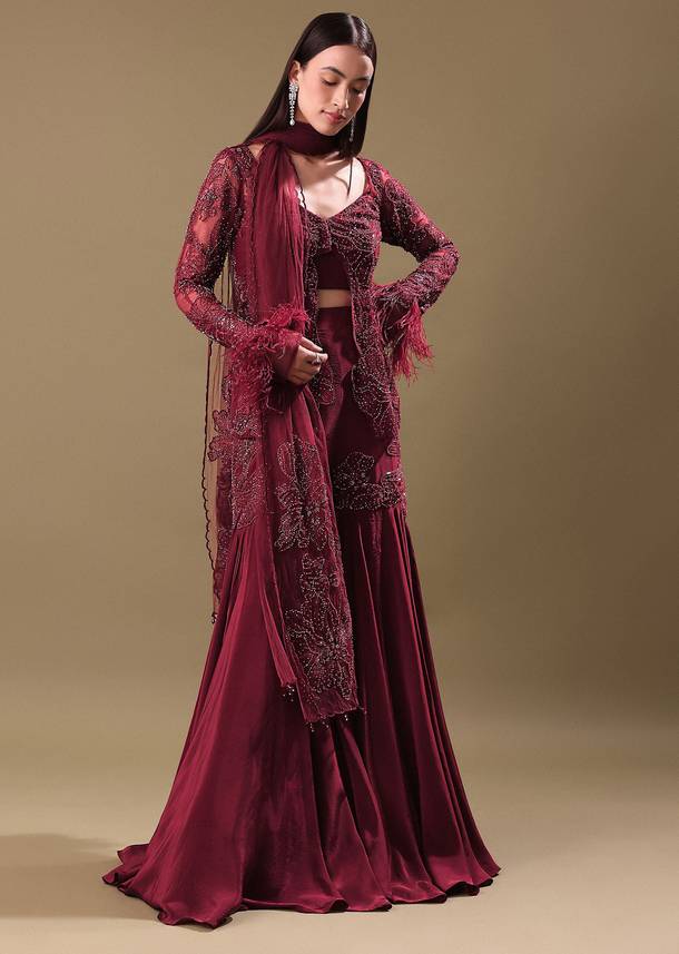 Deep Red Crepe Sharara And Blouse Set