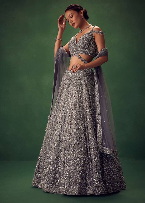 Grey Hand Embroidered Sequin Work Lehenga Set