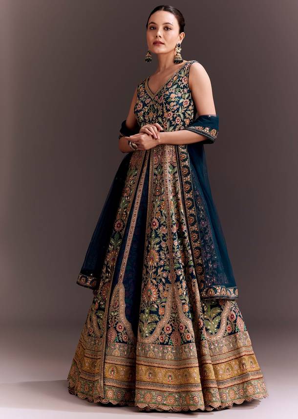 Teal Blue Floral Embroidered Anarkali With Net Dupatta