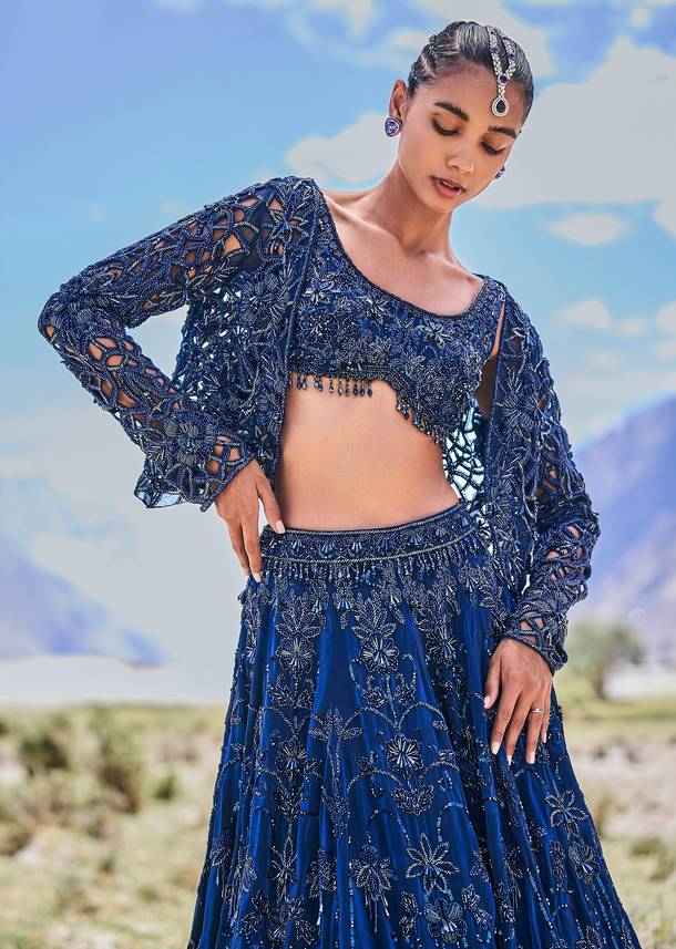 Blue Embroidered 10 Kali Lehenga With Blouse And Jacket