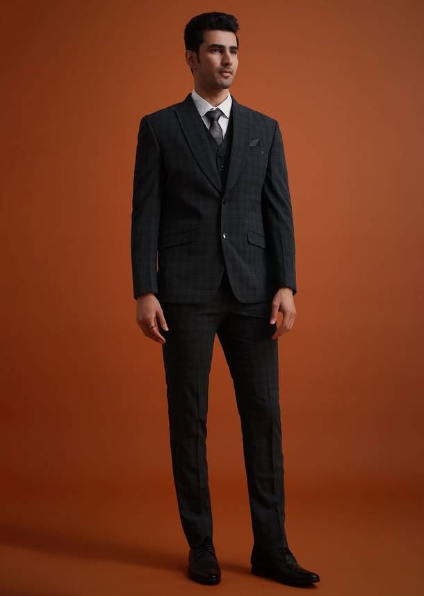 Dark Grey Tuxedo And Pant Set With Checkered Detail