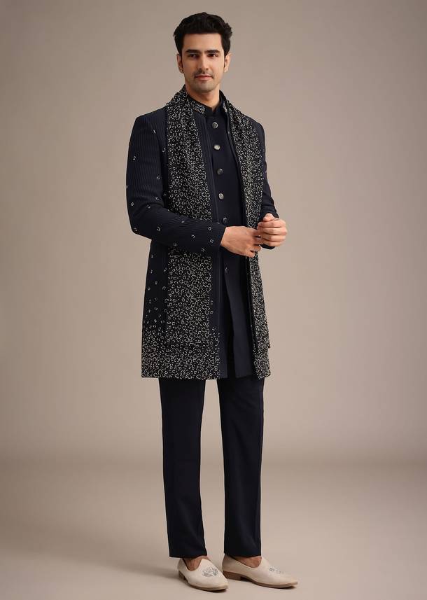 Navy Blue Cutdana Work Indowestern Set