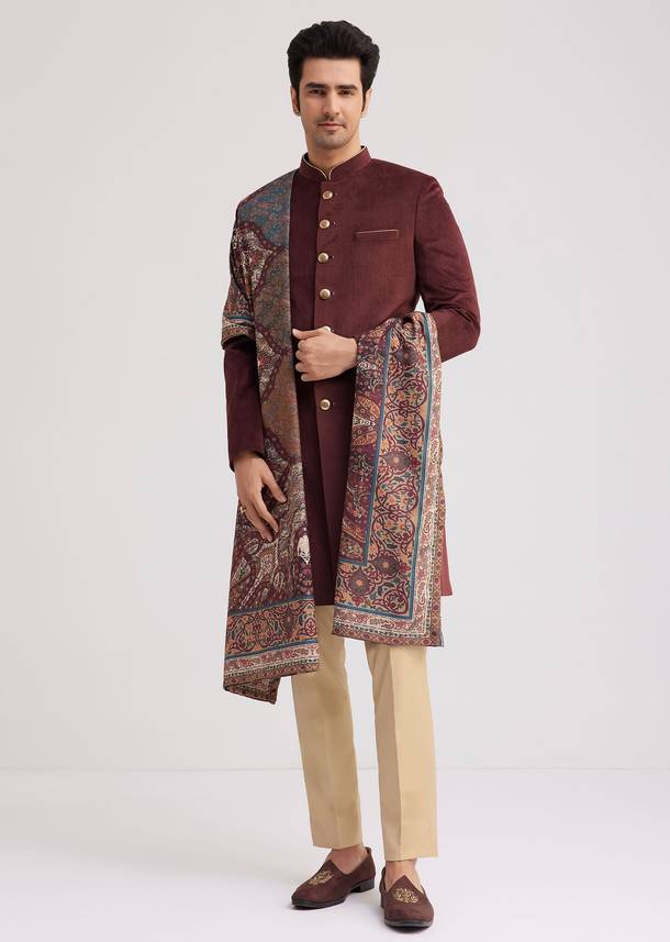 Wine Velvet Nawabi Set With Printed Pashmina Dupatta