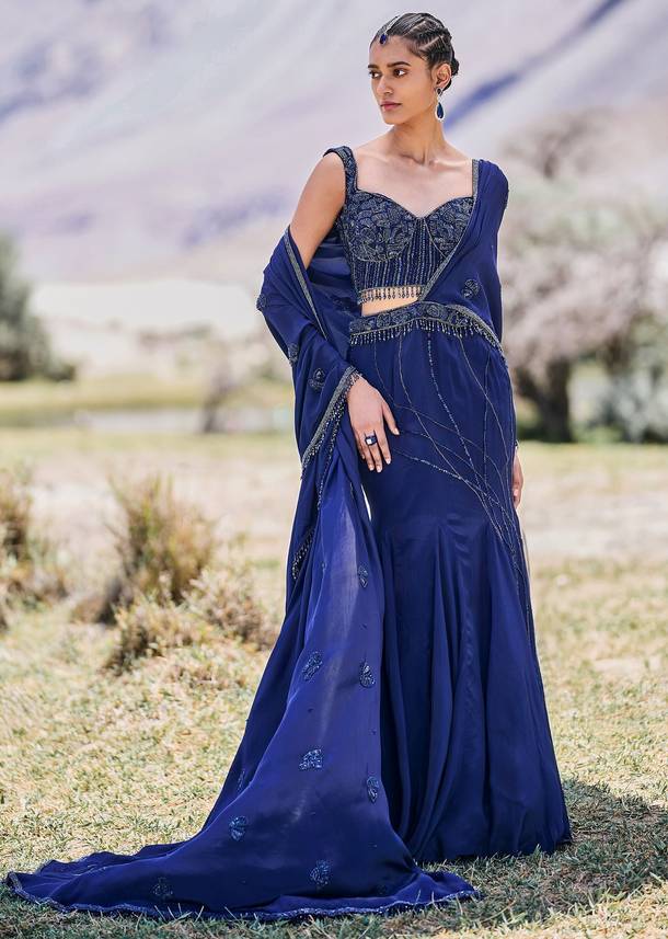 Blue Embroidered Asymmetric Fishcut Crepe Skirt With Blouse And Pallu