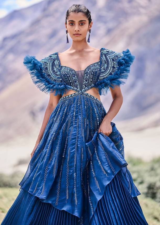 Deep Teal Blue Embroidered Layered Flared Gown With Fancy Sleeves