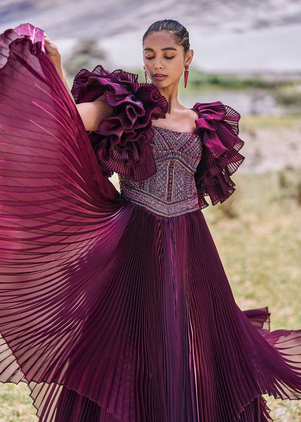 Wine Embroidered Flared Pleated Gown With Ruffle Sleeves