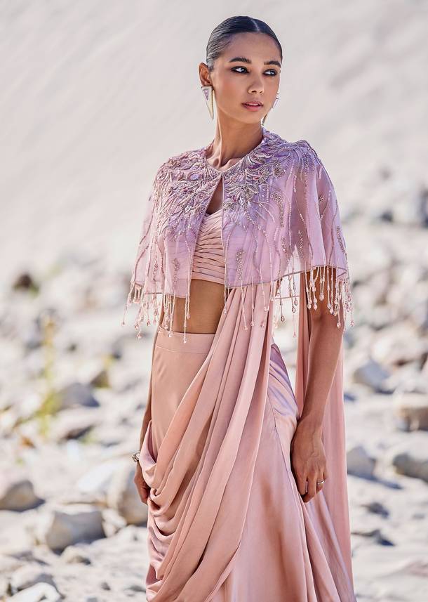 Beige Satin Draped Saree With Pleated Blouse And Embroidered Cape