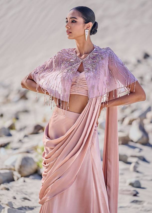 Beige Satin Draped Saree With Pleated Blouse And Embroidered Cape