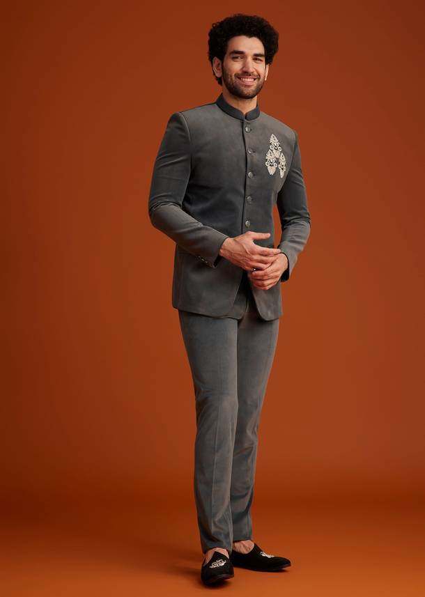 Grey Bandhgala With Embroidered Crest