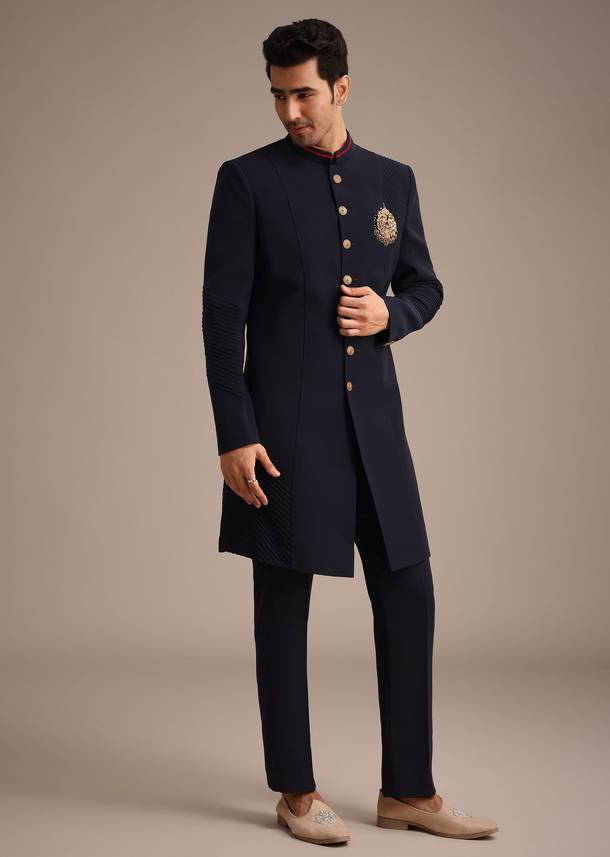 Navy Blue Indowestern Set With Animal Motif Brooch