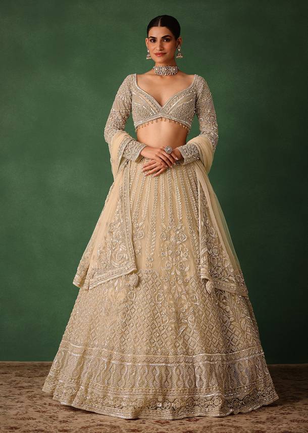 Gold Hand Embroidered Lehenga Set In Raw Silk With Dupatta