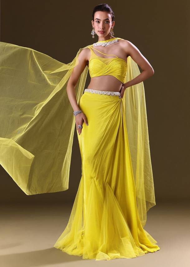 Lime Yellow Fishcut Skirt With One Shoulder Blouse And Tasseled Belt
