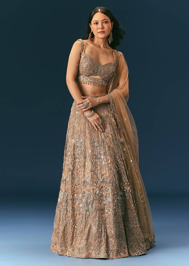 Bronze Organza Lehenga Set With Hand Work