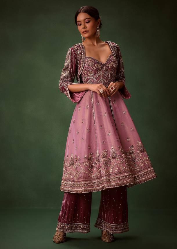 Deep Mauve Anarkali Suit Set With Velvet Pants And Embroidered Jacket