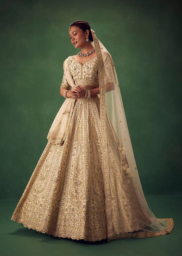 Off White Lehenga Set With Zari And Sequins Work
