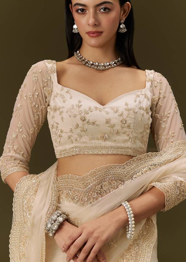 Beige Net Saree With Heavy All Over Embroidery