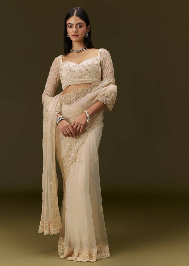 Beige Net Saree With Heavy All Over Embroidery