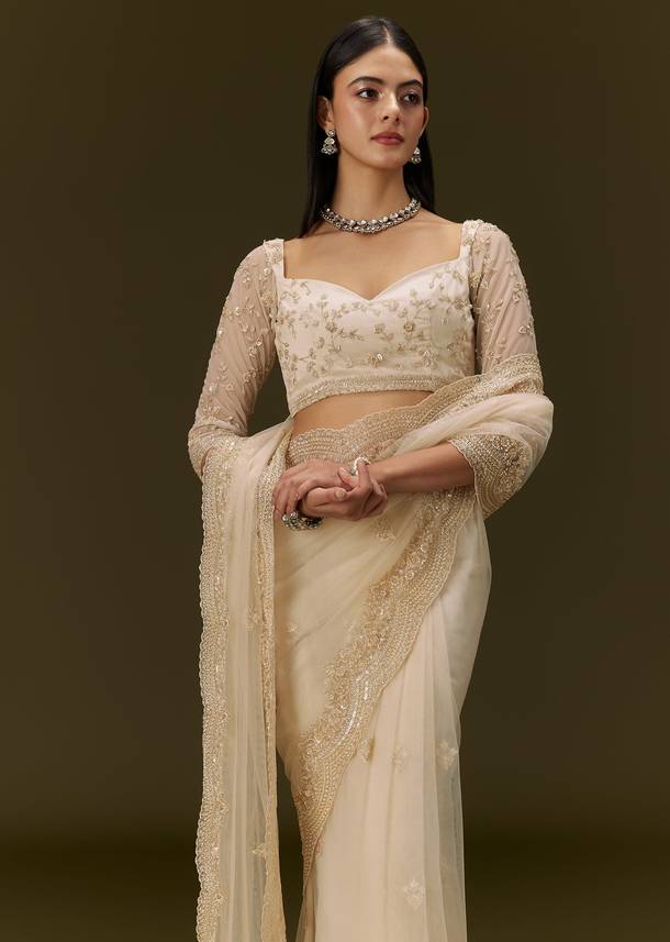 Beige Net Saree With Heavy All Over Embroidery