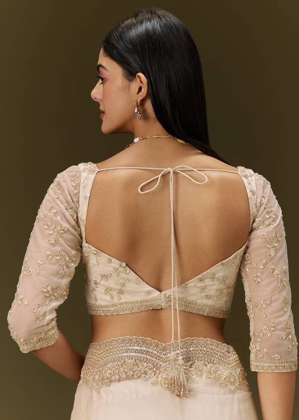Beige Net Saree With Heavy All Over Embroidery