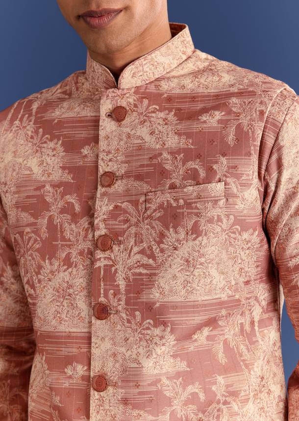 Rust Cotton Silk Kurta Jacket Set With Coastal Print