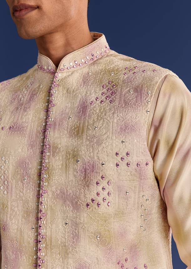 Pink Cotton Silk Tie Dye Printed Kurta Jacket Set With Mirror Work