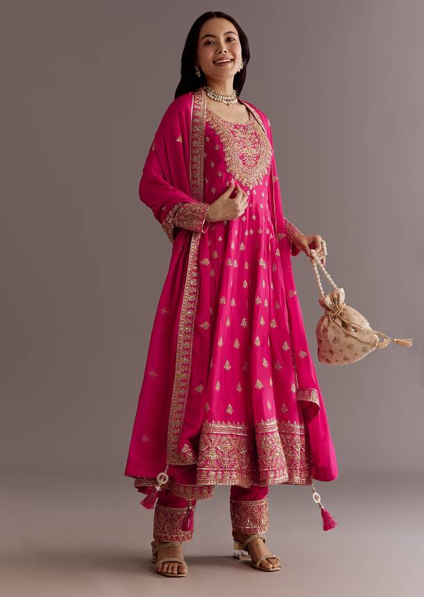 Pink Chinon Hand Embroidered Anarkali Suit With Dupatta