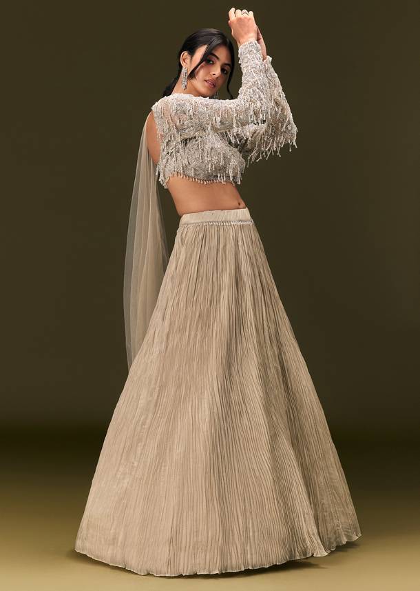 Beige Net Embroidered Blouse With Ruched Lehenga And Choker Dupatta