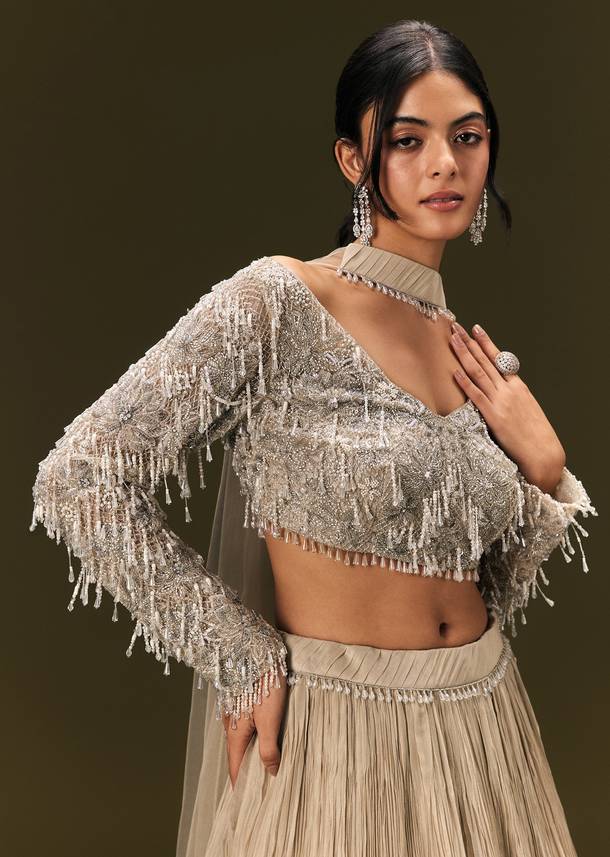 Beige Net Embroidered Blouse With Ruched Lehenga And Choker Dupatta