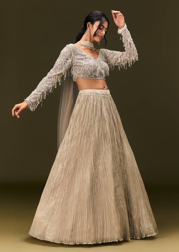 Beige Net Embroidered Blouse With Ruched Lehenga And Choker Dupatta